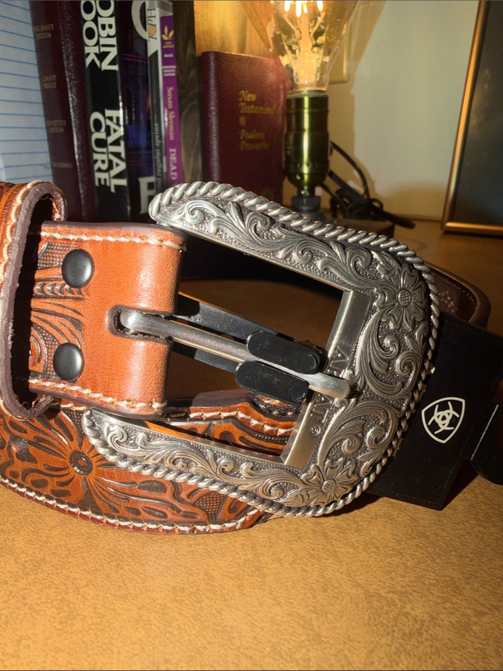 Ariat Brown Tooled Leather Belt with Engraved Silver Buckle